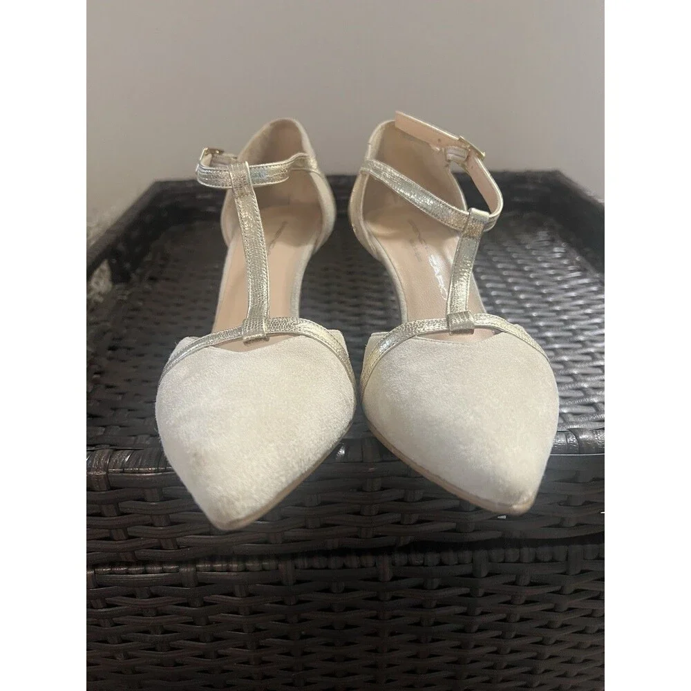 Brenda Zaro Spain Suede Tan & Gold T-Strap Pointed Toe Pumps Heels 37  6.5 Shoe